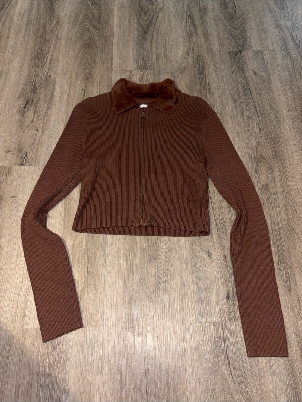 American Eagle | Brown Ribbed Zip Up Fur Collared Longsleeve